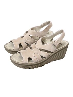 Skechers Memory Foam Wedge Sandals Taupe Suede Slingback Comfort Womens
